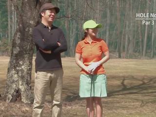 Golf strumpet gets teased and creamed by two youngsters